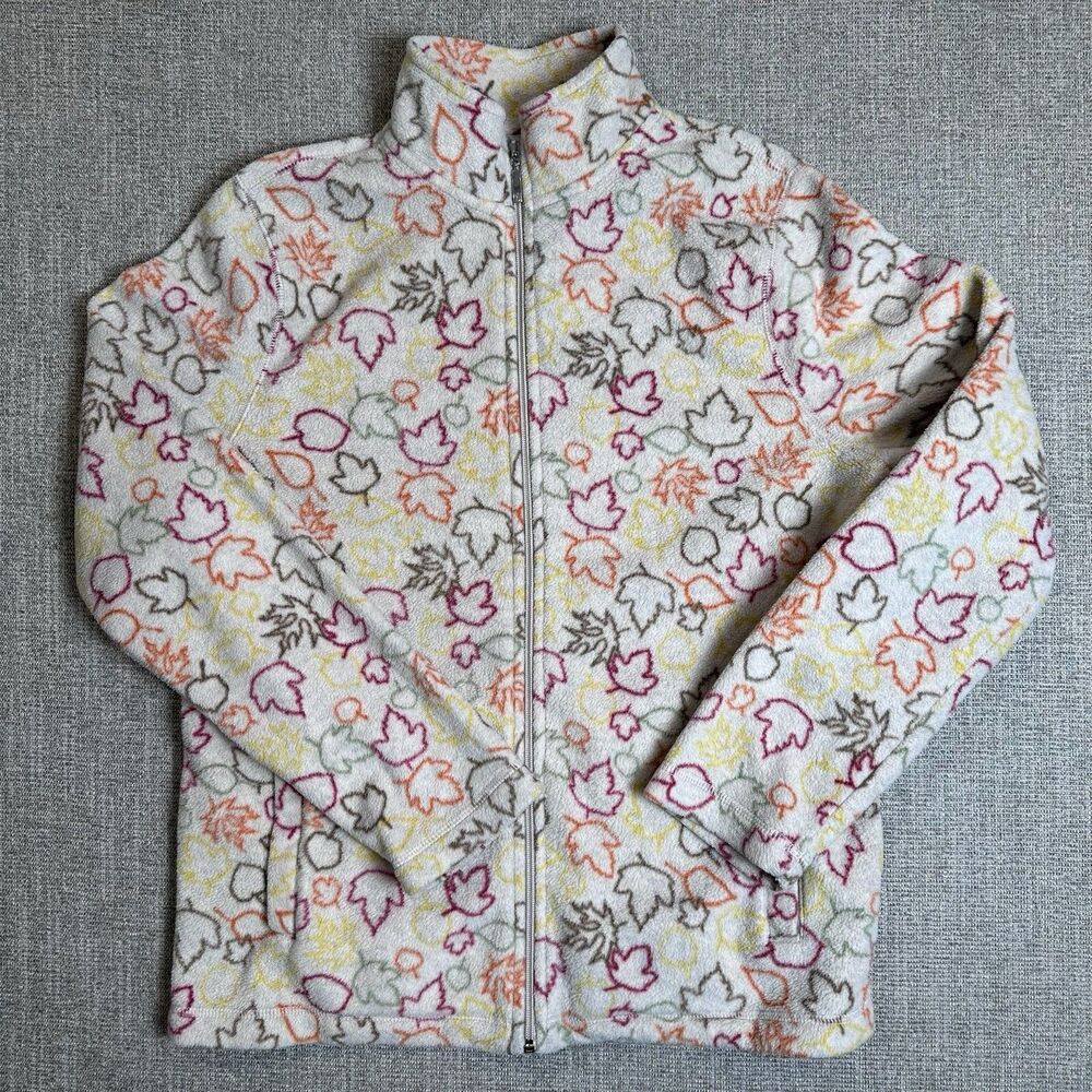 Breckenridge Fall Leaves Fleece Zip Up Jacket Pockets Cream Gray Size Small